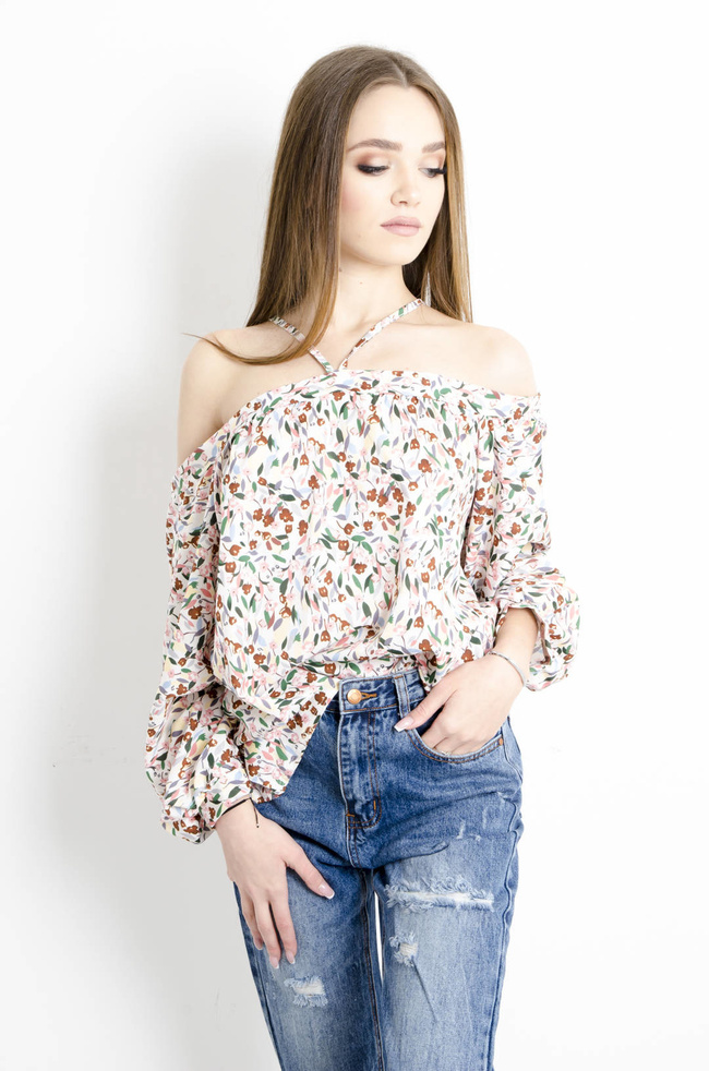 BLUZKA HISZPANKA W KWIATY- BEŻOWA