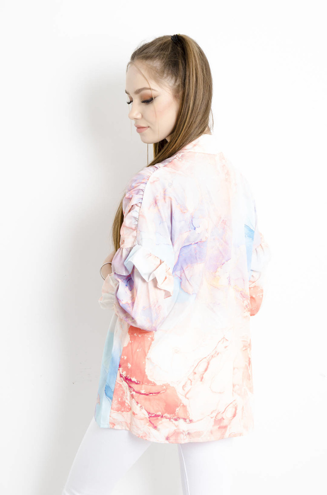 KOSZULA MARMURKOWA Z FALBANAMI NA RĘKAWACH - POMARAŃCZOWA