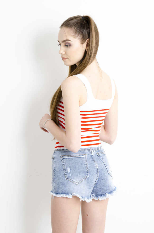 BLUZKA DZIANINOWA NA RAMIĄCZKA W PASKI- CZERWONA