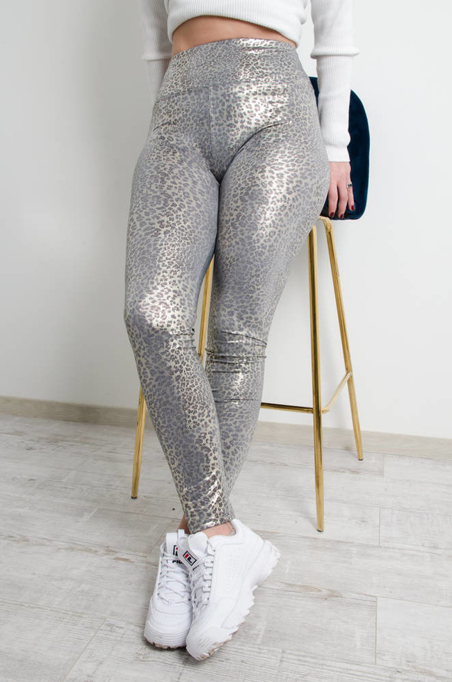 SREBRNE POŁYSKUJĄCE LEGGINSY W PANTERKĘ-WYSOKI STAN