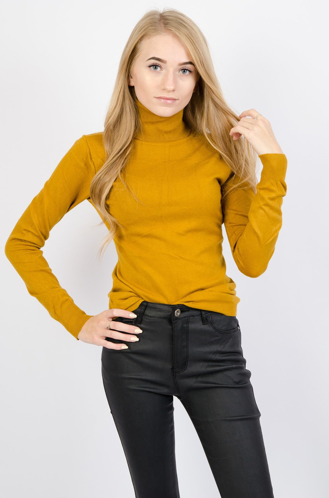 MUSZTARDOWY CIENKI SWETER Z GOLFEM