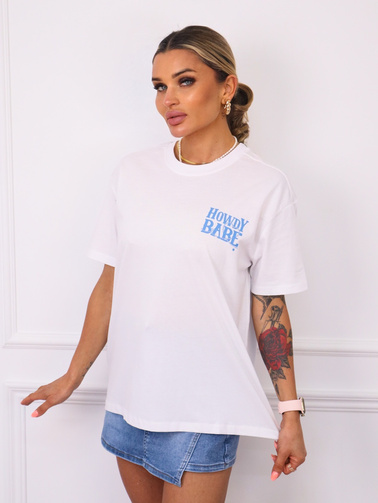T-SHIRT Z NIEBIESKIM NAPISEM Z PRZODU I NA PLECACH- BIAŁY
