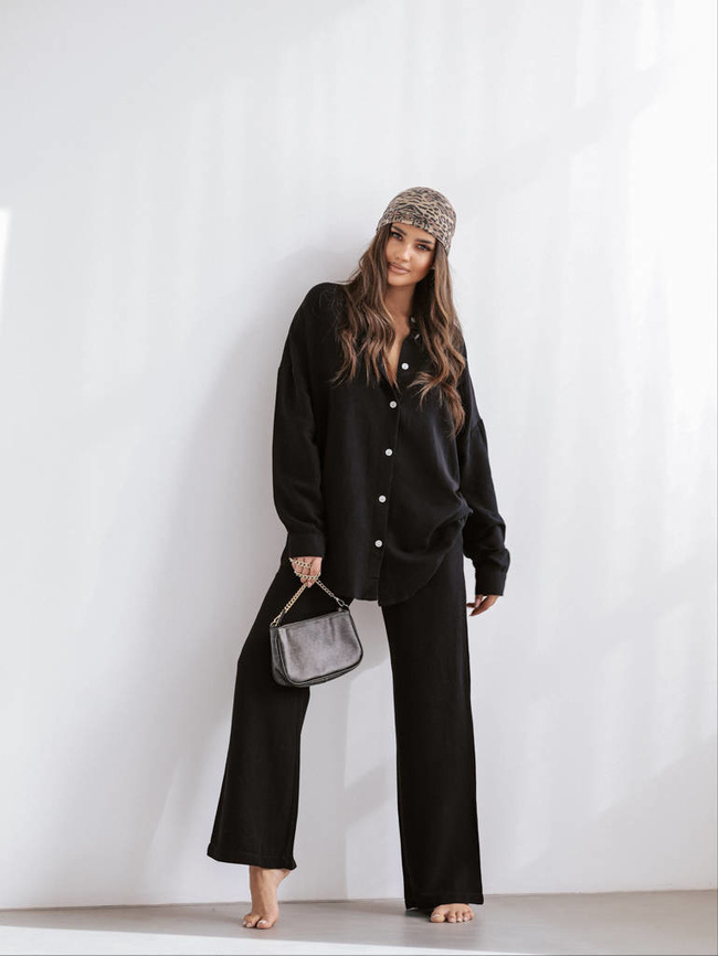 LNIANY KOMPLET KOSZULA+ SPODNIE- CZARNY