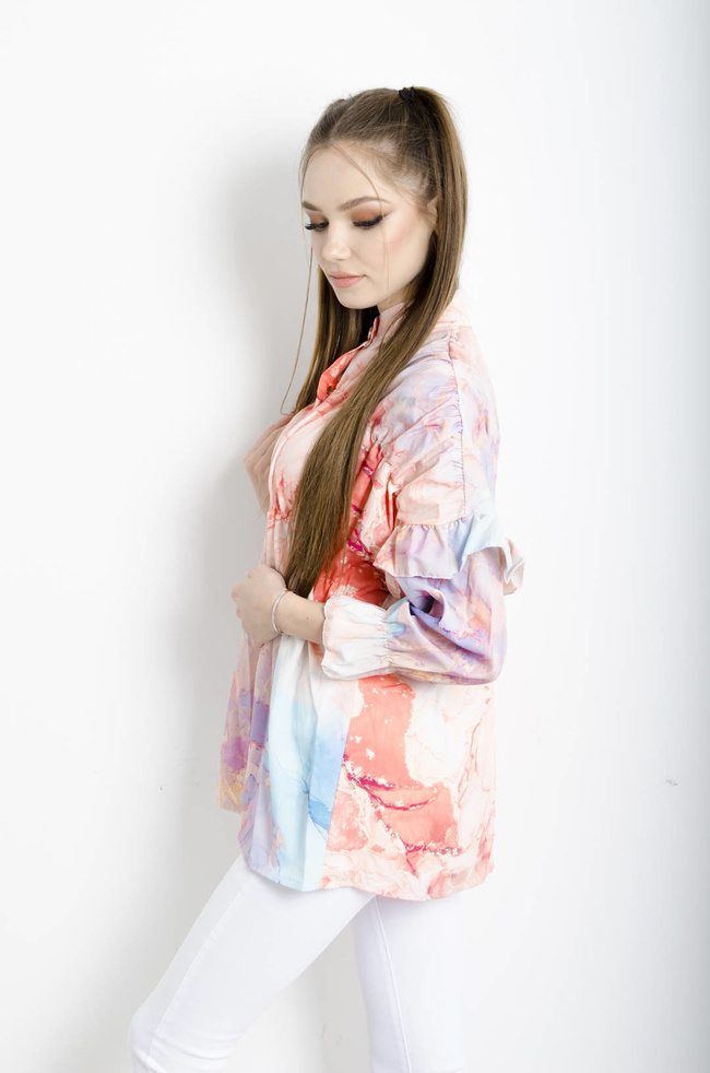 KOSZULA MARMURKOWA Z FALBANAMI NA RĘKAWACH - POMARAŃCZOWA