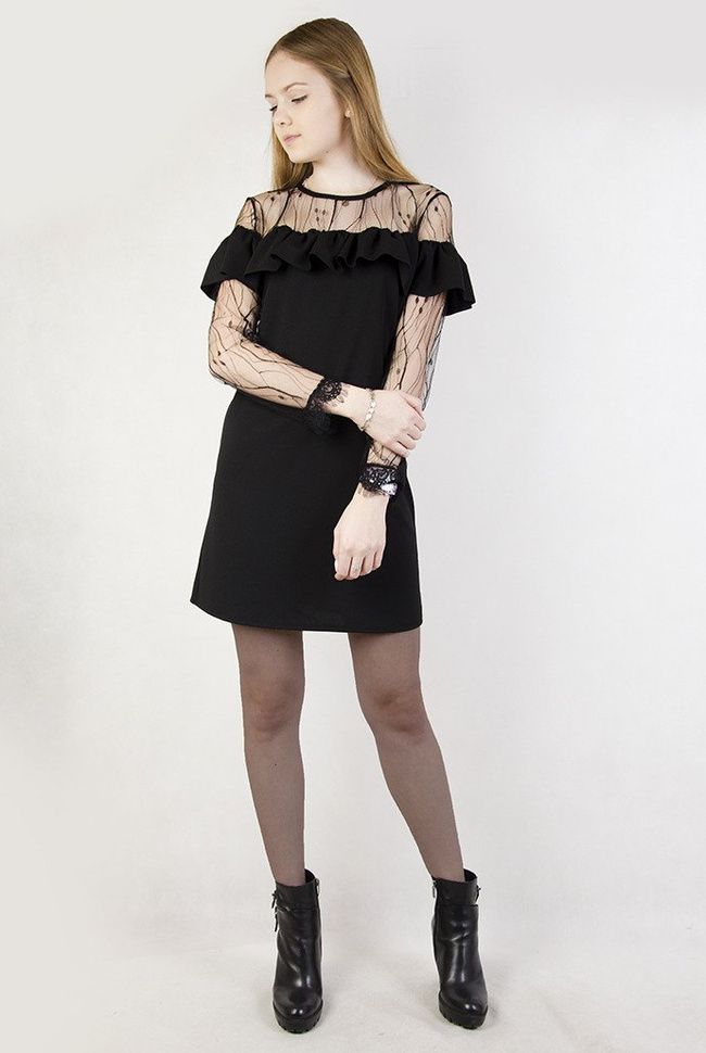 Czarna sukienka z falbanką i transparentną wstawką