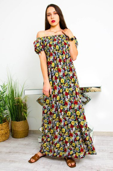 CZARNA DŁUGA SUKIENKA HISZPANKA W KWIATY