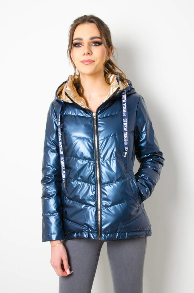 KURTKA PRZEJŚCIOWA PIKOWANA Z KAPTUREM-GRANATOWA 