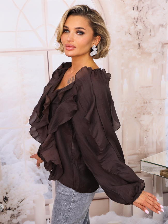 KOSZULA Z FALBANAMI ZAPINANA NA GUZIKI- CZEKOLADOWA