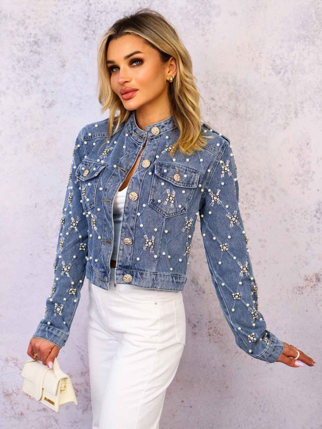 KURTKA JEANSOWA Z OZDOBNYMI PEREŁKAMI I CEKINAMI