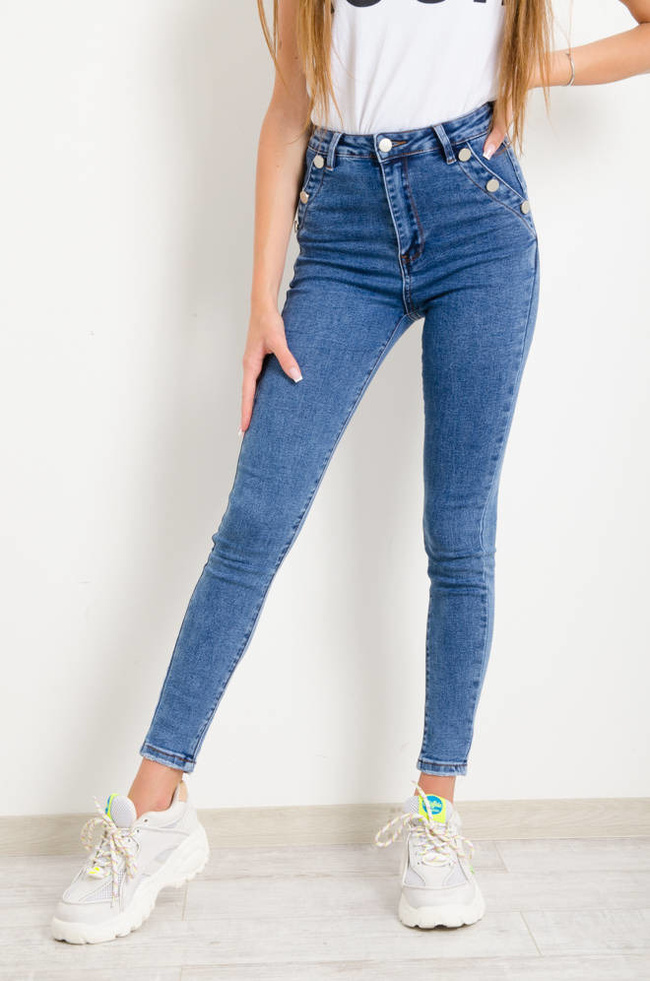 SPODNIE JEANSOWE Z OZDOBNYMI GUZIKAMI PRZY KIESZENIACH- BARDZO WYSOKI STAN