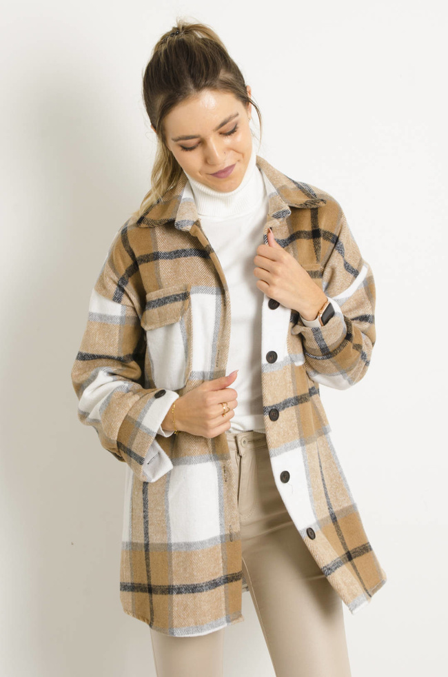 KURTKA KOSZULOWA W KRATĘ- BEŻOWA