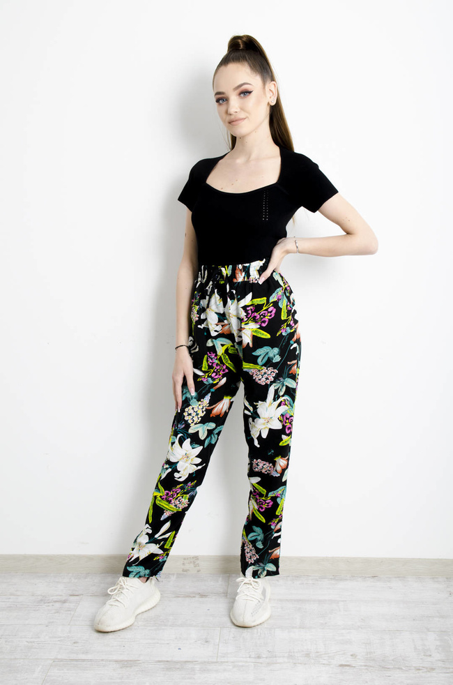 CZARNE ALLADYNKI W KWIATY Z WYSOKIM STANEM