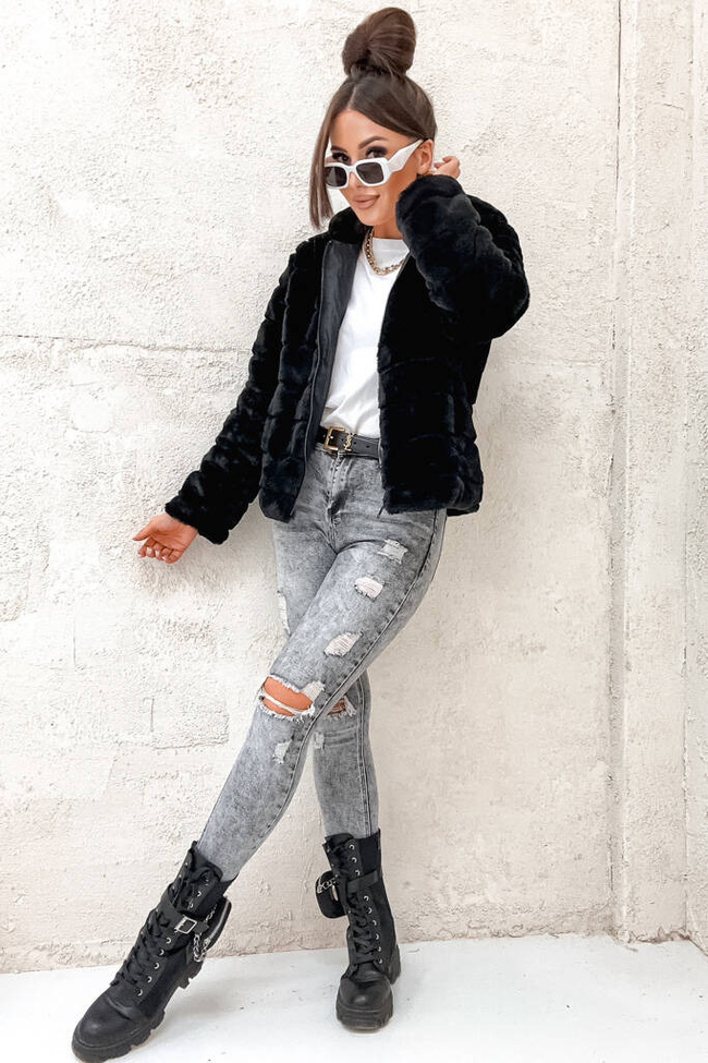 CZARNA FUTRZANA KURTKA Z KAPTUREM