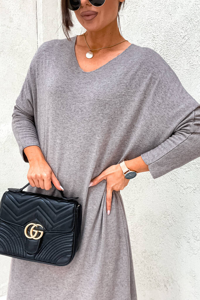 SUKIENKA MIDI OVERSIZE Z DEKOLTEM W SEREK- JASNY SZARY