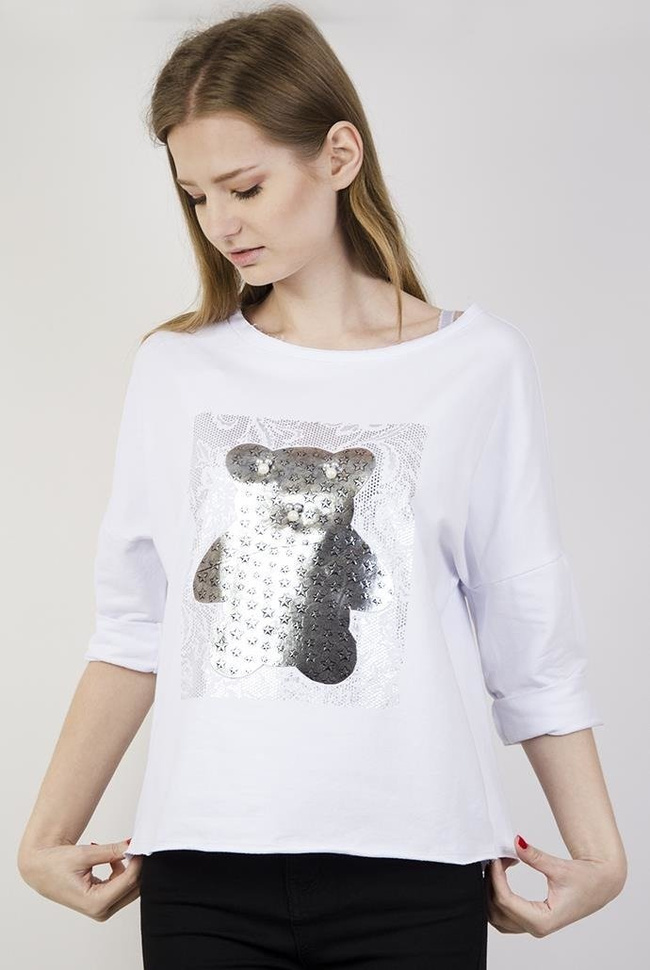 Biała bluzka ze srebrnym misiem