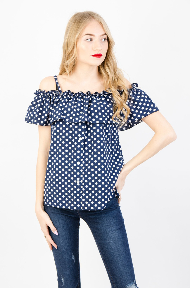 Granatowa bluzka w groszki z hiszpańskim dekoltem