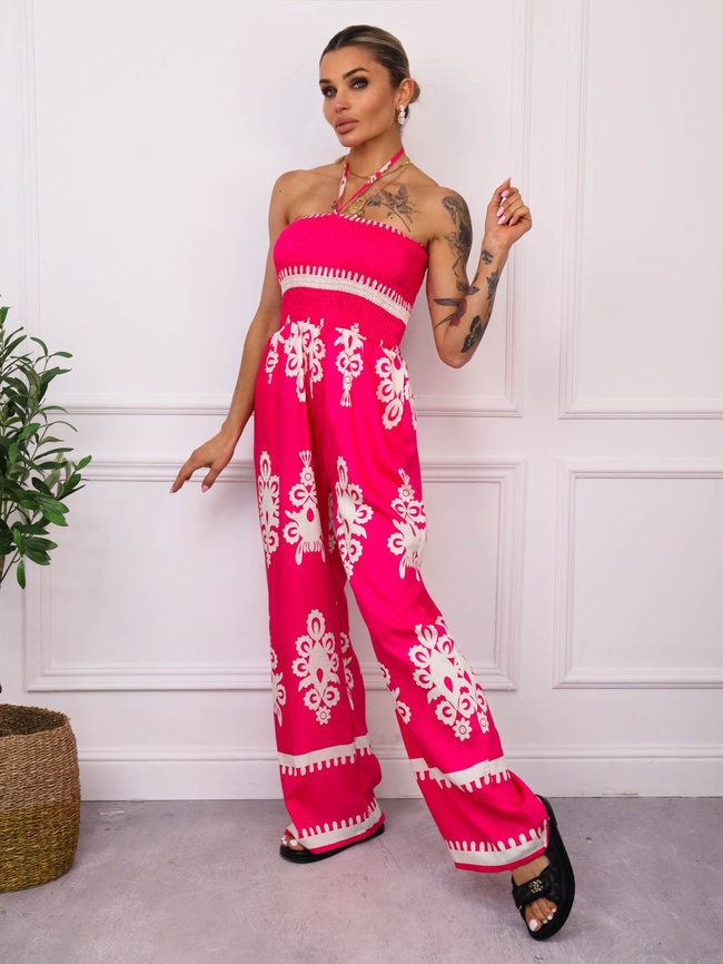 KOMBINEZON WZORZYSTY BEZ RAMIĄCZEK- FUKSJA