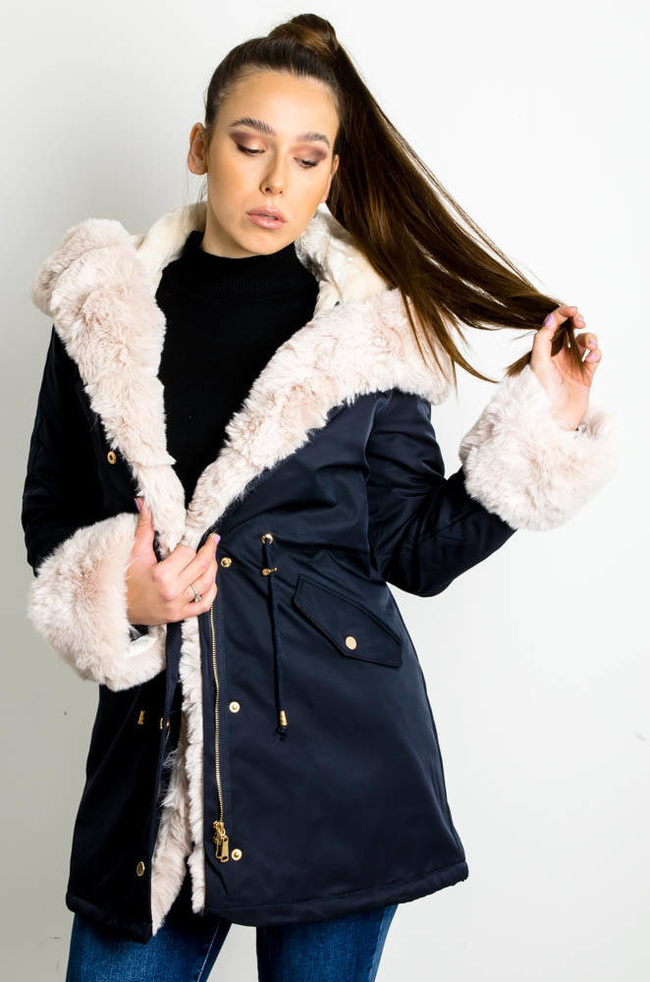 GRANATOWA KURTKA PARKA ZIMOWA Z ODPINANYM FUTERKIEM