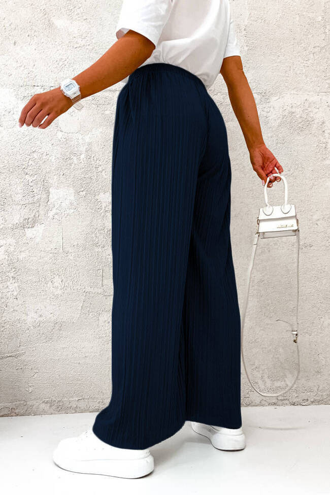 CIEMNO GRANATOWE SPODNIE Z SZEROKIMI PLISOWANYMI NOGAWKAMI-WYSOKI STAN