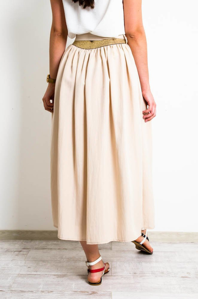BEŻOWA SPÓDNICA MAXI Z WIĄZANIEM-ZŁOTA GUMA W PASIE