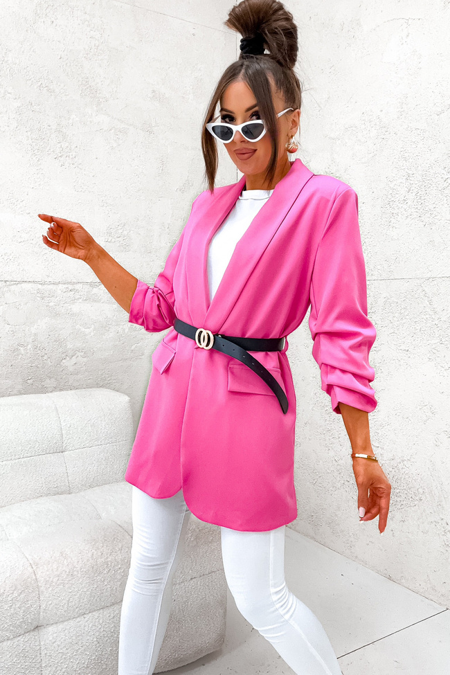 DŁUŻSZA MARYNARKA Z PASKIEM I MARSZCZONYM RĘKAWEM- RÓŻOWA