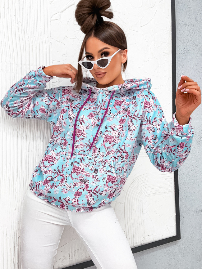 BLUZA Z KAPTUREM W KWIATOWY WZÓR- NIEBIESKA