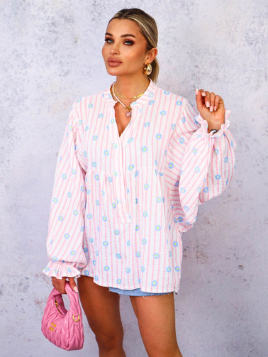 BLUZKA KOSZULOWA OVERSIZE W PASKI I KWIATY- RÓŻOWA