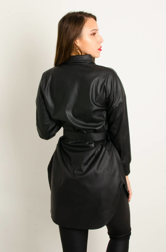 KOSZULOWA SUKIENKA Z IMITACJI SKÓRY+ PASEK- CZARNA