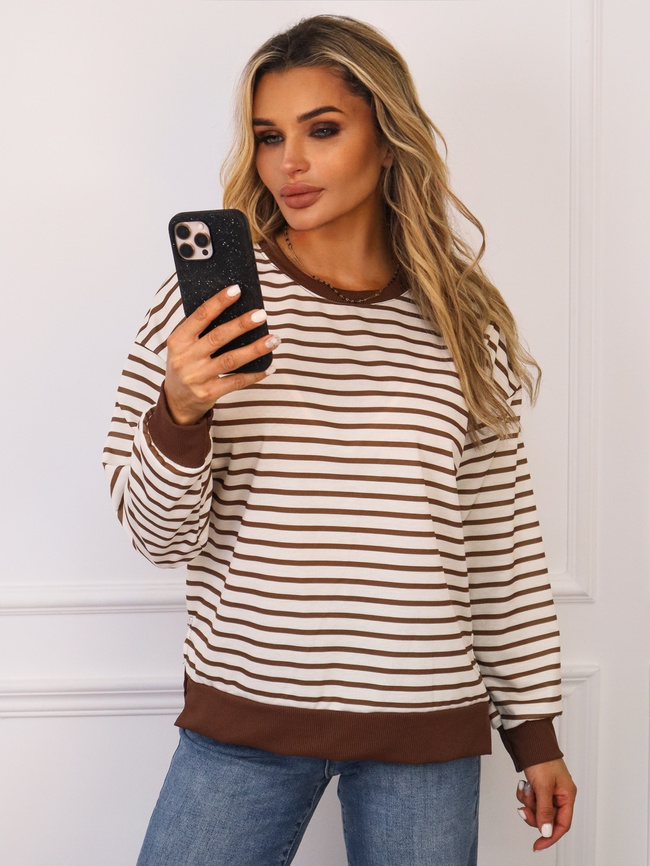 BLUZA BAWEŁNIANA OVERSIZE W PASKI - BRĄZOWA