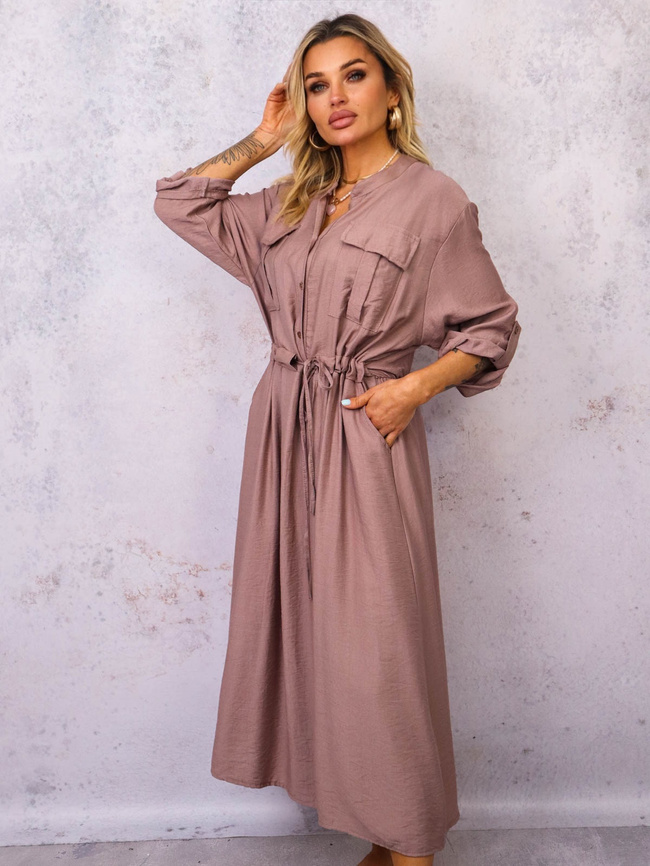 SUKIENKA WIĄZANA W PASIE Z KIESZENIAMI Z PRZODU- BRĄZOWA