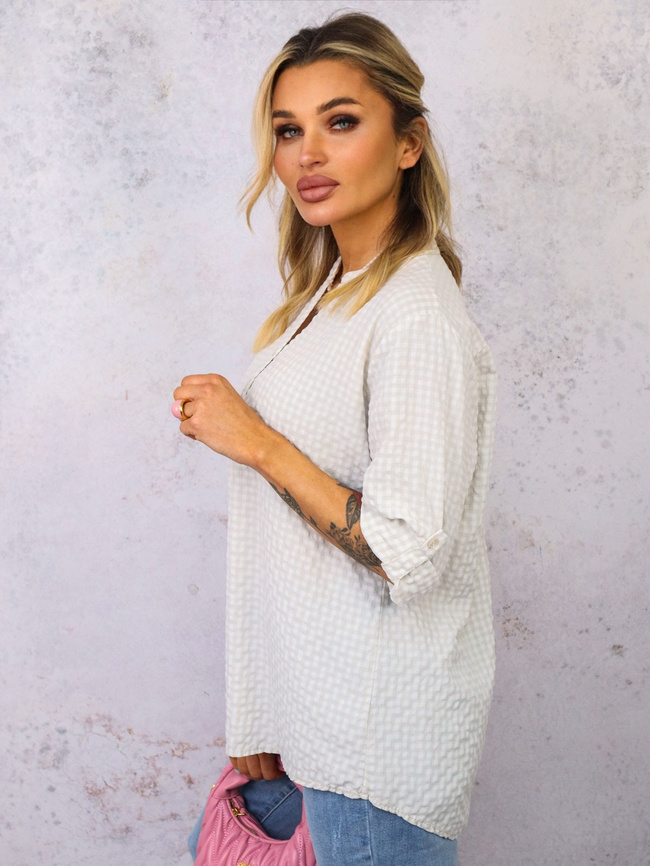 BLUZKA KOSZULOWA W KRATKĘ- JASNOBEŻOWA