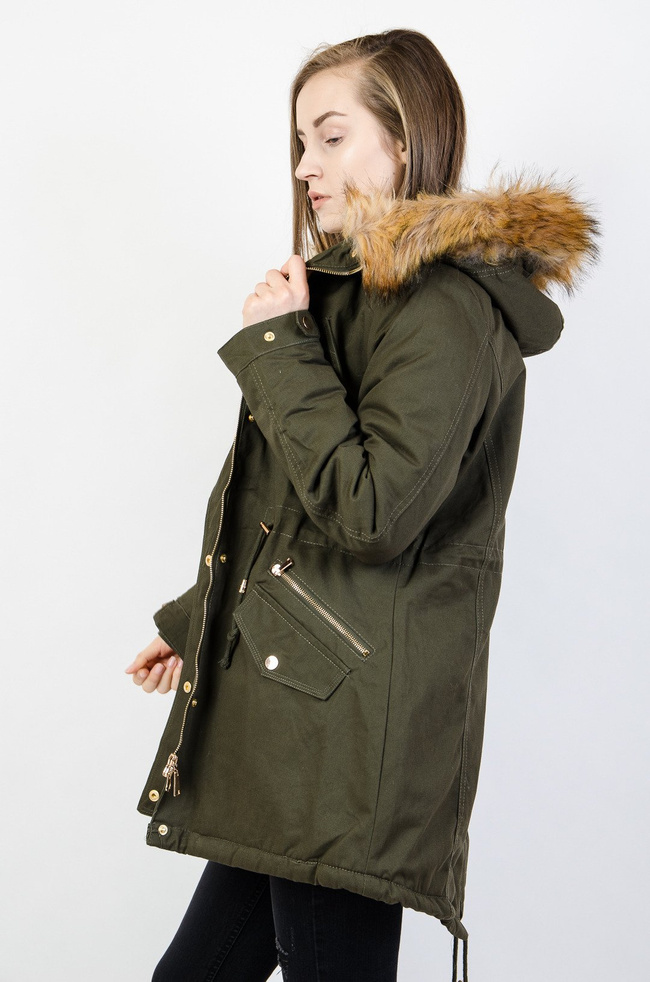 Zielona asymetryczna kurtka ze ściągaczem w pasie