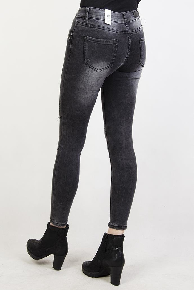 Szare spodnie rurki jeansowe z zamkami i przeszyciami