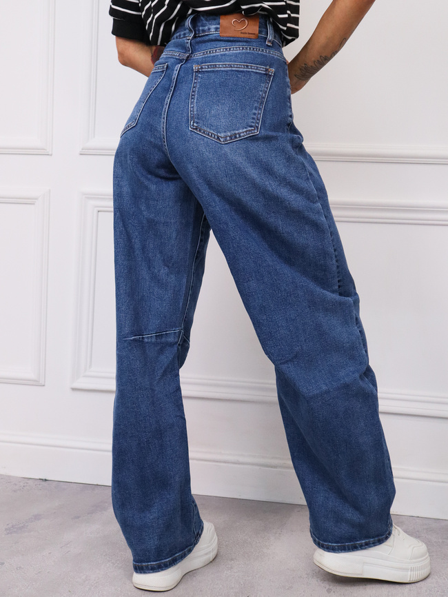 SPODNIE JEANSOWE WIDE Z PRZECZYCIAMI NA NOGAWCE- GRANATOWE