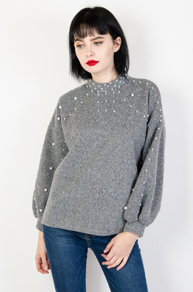 Szara bluza z koralikami, włochata