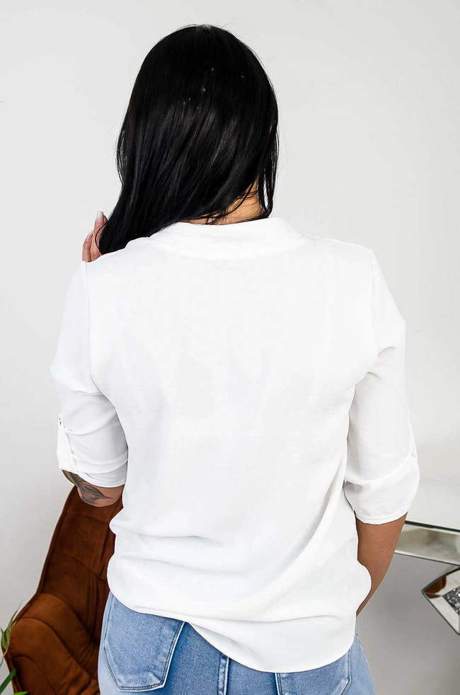 BIAŁA BLUZKA KOSZULOWA W SZPIC Z NAPISAMI 