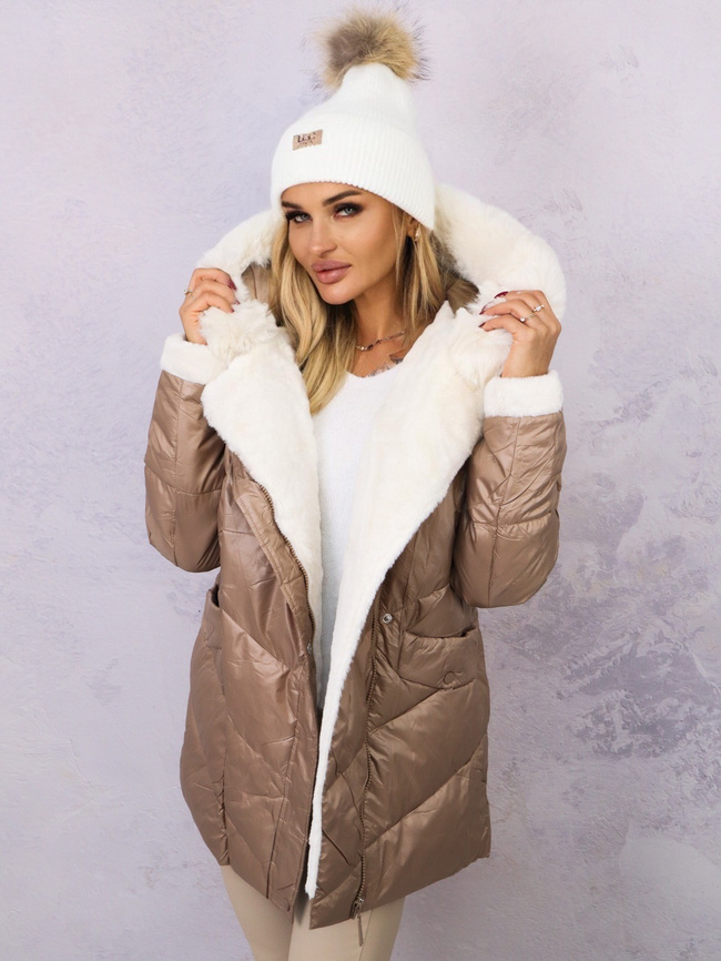 KURTKA PIKOWANA PUCHOWA Z FUTERKIEM NA RĘKAWACH- BRĄZOWA