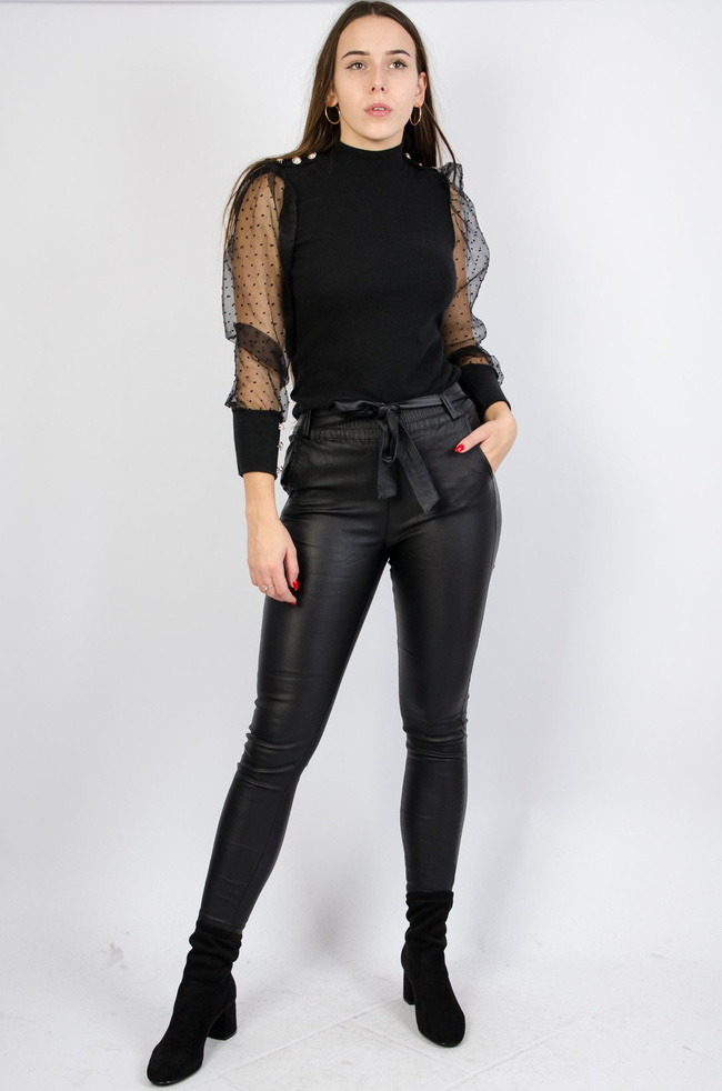 CZARNE WOSKOWANE SPODNIE Z WIĄZANIEM W PASIE- WYSOKI STAN 