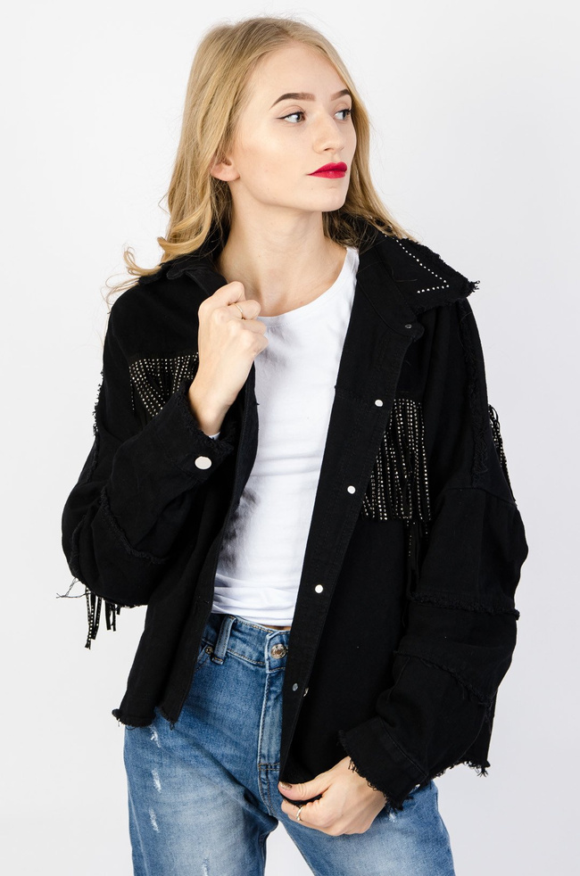 CZARNA KOSZULA JEANSOWA Z OZDOBNYMI FRĘDZLAMI