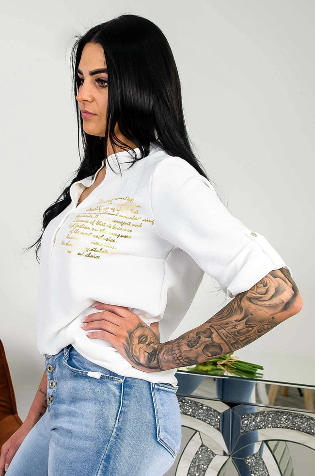 BIAŁA BLUZKA KOSZULOWA W SZPIC Z NAPISAMI