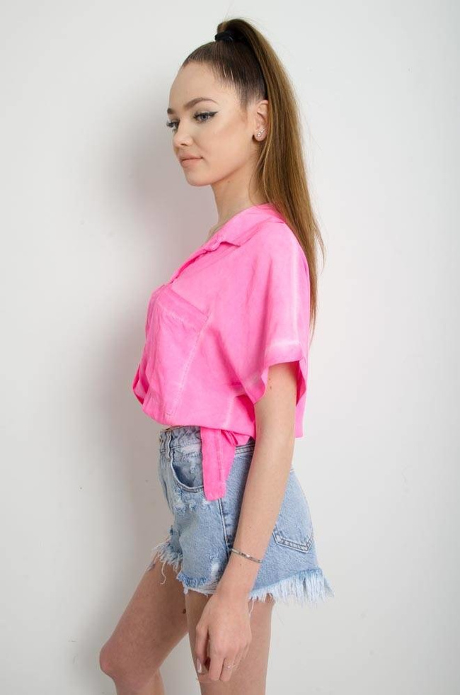 KOSZULA WIĄZANA Z KIESZENIAMI - RÓŻOWA