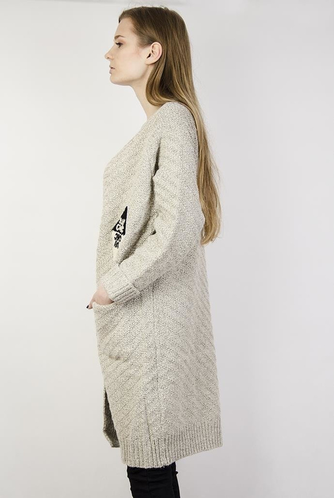 Kardigan z domieszką wełny beżowy z naszywkami