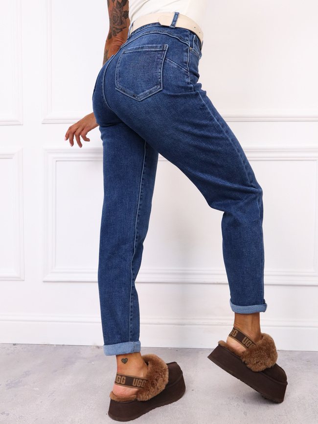 SPODNIE JEANSOWE MOM FIT Z PRZESZYCIAMI PUSH UP+ PASEK