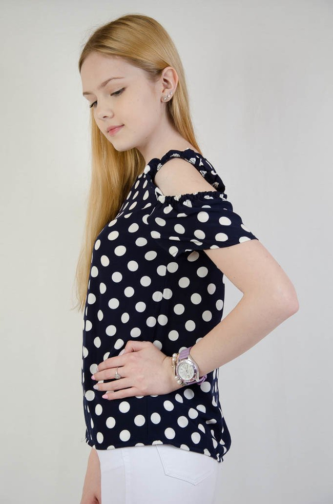 Granatowa bluzka w białe grochy