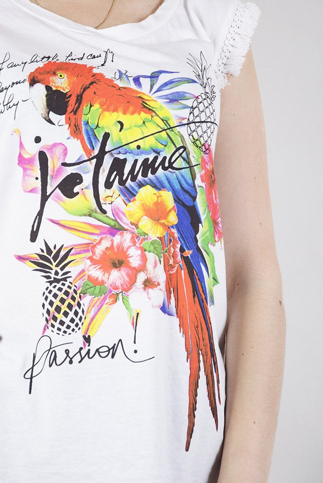 Biała bluzka bez rękawów z kolorowym nadrukiem