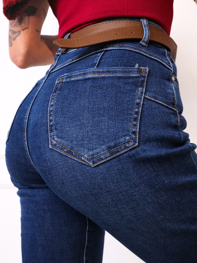 SPODNIE JEANSOWE MOM FIT Z WYSOKIM STANEM PUSH UP+ PASEK- GRANATOWE