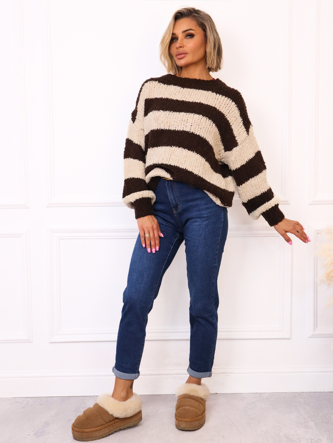 SWETER Z BUKLI W PASKI- CZEKOLADOWY