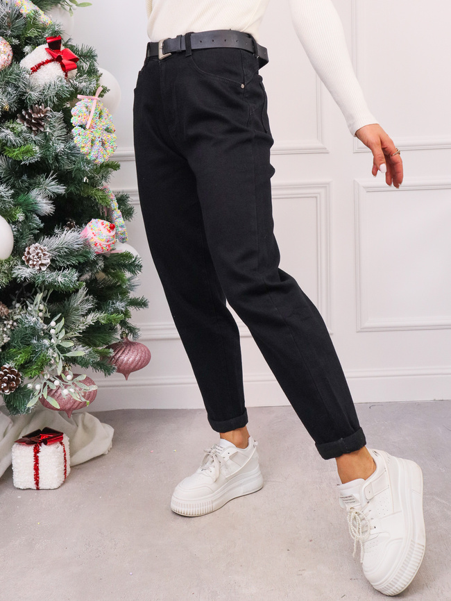 SPODNIE JENASOWE PLUS SIZE MOM FIT + PASEK- CZARNE