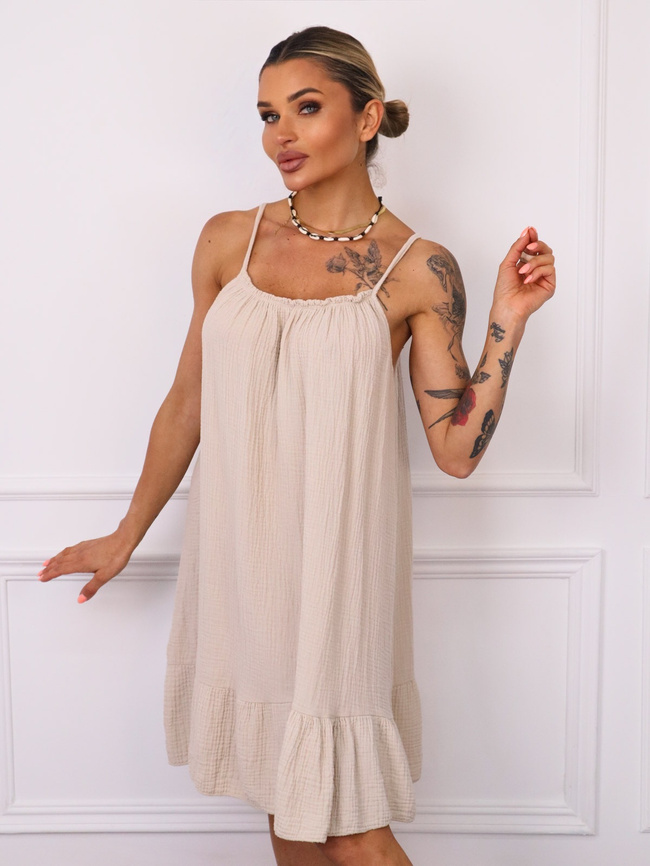 SUKIENKA MINI MUŚLNOWA NA RAMIĄCZKA Z FALBANĄ- BEŻOWA