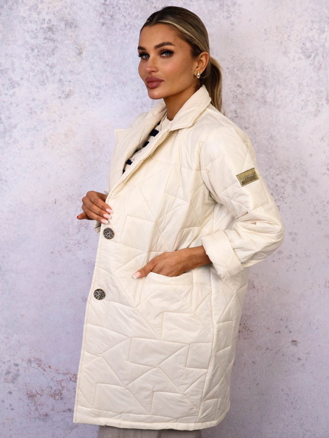 PIKOWANY PŁASZCZ ZAPINANY NA ZŁOTE GUZIKI- ECRU